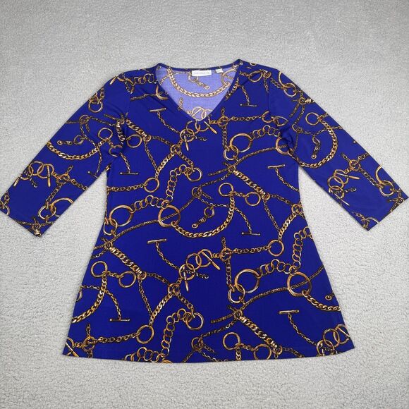 Susan Graver Tops - Susan Graver Liquid Knit Top Womens XS Blue Equestrian Chain‎ Print V Neck Tunic